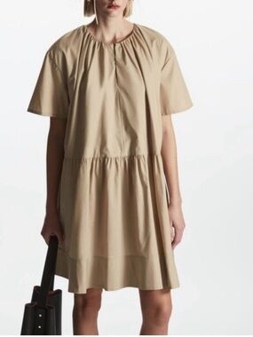 COS Oversized Tiered Beige Mini Dress Cotton Lyocell Size 2 NWOT V-Neck Boho